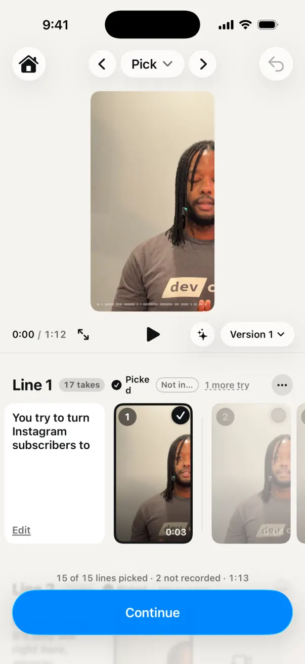 The Pick step: line 1 has 17 takes, the first one picked.