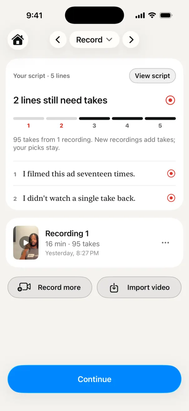 The Record step: 95 takes found in one 16-minute recording.