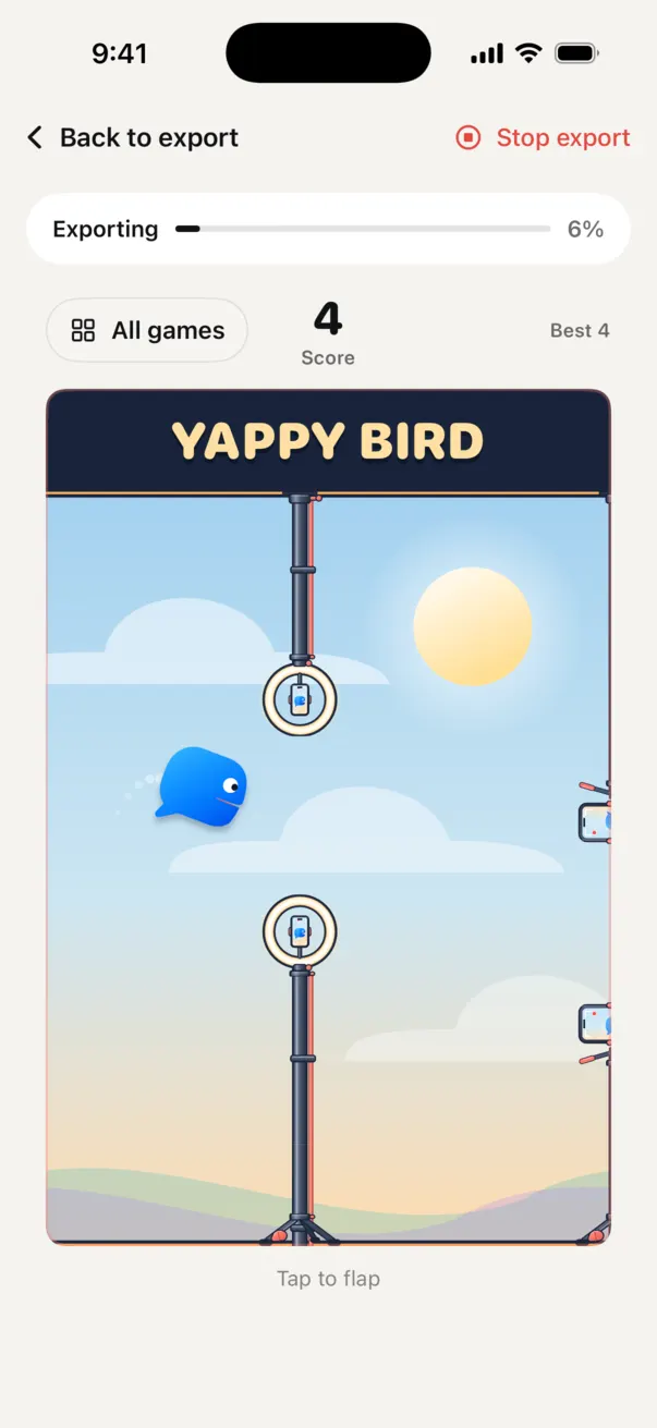 Yappy Bird: the blue Yapper flying between mic stands.